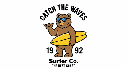 Naklejka premium Retro Surfer Bear Mascot Logo Vector - Catch the Waves Summer Apparel Graphic with Sunglasses and Shaka Sign