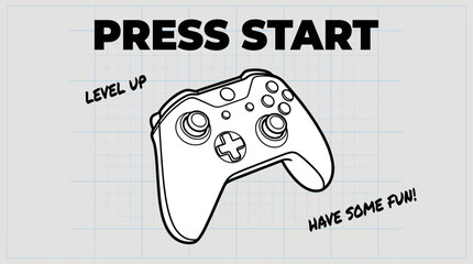 Press Start Gaming Controller Doodle Illustration on Graph Paper Background. Level Up Concept.