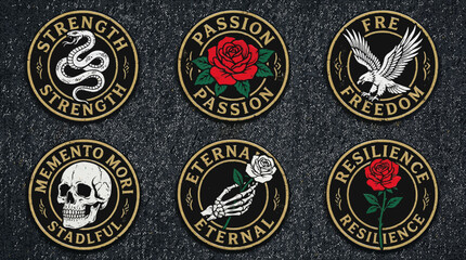 Obraz premium Set of six vintage embroidered patches on denim featuring snake, skull, eagle, and roses with words like Strength, Freedom, and Memento Mori.