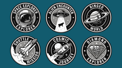 Vintage Space Exploration Badges Collection: Retro Astronaut, Rocket, UFO Alien Encounter, and Planetary Mission Emblems set in monochrome vector style. © Graphicnoell