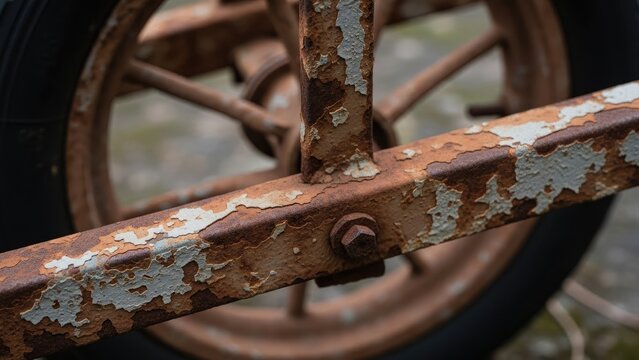 Close-up of a weathered, rusty metal wheelbarrow, showcasing peeling paint