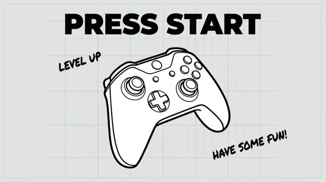 Press Start Gaming Controller Doodle Illustration on Graph Paper Background. Level Up Concept.