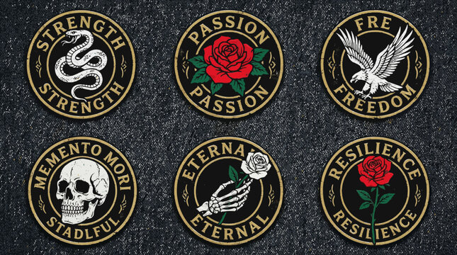 Set of six vintage embroidered patches on denim featuring snake, skull, eagle, and roses with words like Strength, Freedom, and Memento Mori.