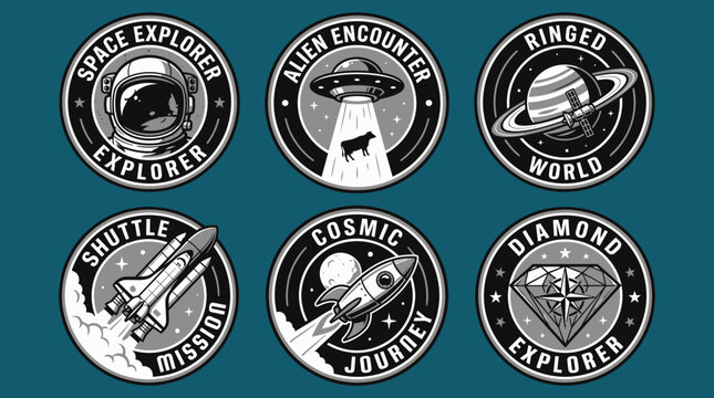 Vintage Space Exploration Badges Collection: Retro Astronaut, Rocket, UFO Alien Encounter, and Planetary Mission Emblems set in monochrome vector style.