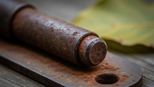 Close-up of a weathered, rusty hinge with a leaf in soft focus on aged wood