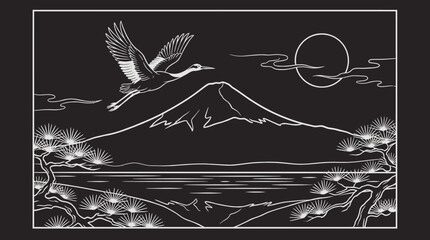 Obraz premium Traditional Japanese Line Art Vector of Red-Crowned Crane Flying over Mount Fuji, Pine Trees, and Sun. Elegant Monochrome Wabi-Sabi Design.