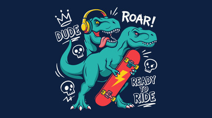 Edgy T-Rex Skateboarder Design: Dinosaur Wearing Headphones, Roaring Street Style Illustration. Apparel Graphic Print Vector.