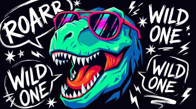 Neon T-Rex Dinosaur Head in Pink Sunglasses. Roaring Wild One Brush Lettering Design. Vibrant Retro Synthwave Style Vector Illustration.