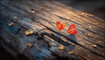 Two small red hearts rest upon weathered wood scattered with shimmering metallic flakes