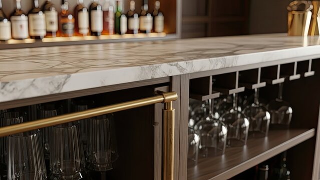 Close-up of a well-stocked home bar with elegant marble countertop and glassware