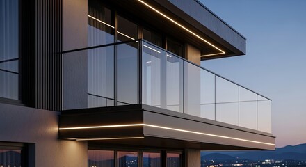 Fototapeta premium Modern building exterior detail with glass balcony, subtle lighting, and evening sky