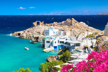 Beach and fishing village of Firapotamos on Milos island, Greece