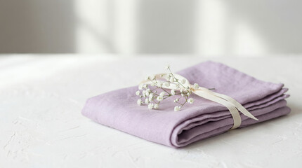 Purple linen napkin with decorative flowers for table setting  