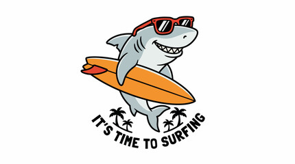 Cool Surfer Shark Character Holding Board, Wearing Sunglasses. Retro Summer Beach Life Mascot Logo Illustration.