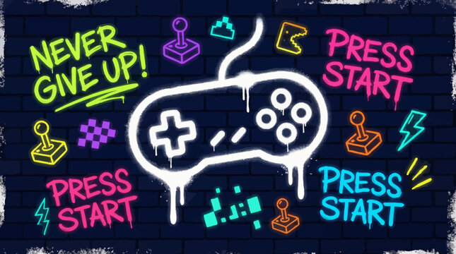 Neon Gaming Graffiti: Retro Controller, Joystick, and 'Press Start' on Dark Brick Wall. 8-Bit Arcade Style.