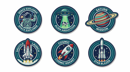 Vintage Space Patch Set. Retro Embroidered Astronaut, Rocket, UFO Alien Abduction, and Saturn Mission Badges Collection. © Graphicnoell