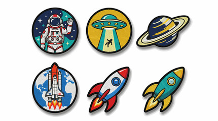 Retro Space Embroidery Patches Set: Astronaut, Rocket Ships, Saturn, UFO, and Space Shuttle Badges © Graphicnoell