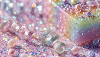 Sparkling confectionery item rests among coiled ribbons and scattered decorative elements