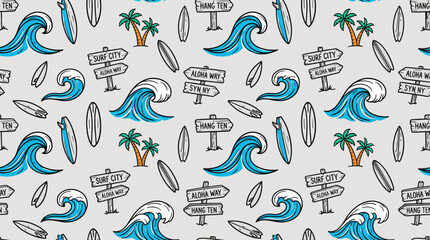 Retro Surf Seamless Pattern Vector. Hand-Drawn Waves, Surfboards, Palm Trees, and Tropical Directional Signs Background. © Graphicnoell