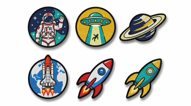 Retro Space Embroidery Patches Set: Astronaut, Rocket Ships, Saturn, UFO, and Space Shuttle Badges
