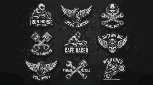 Vintage Motorcycle Patches Collection. Embroidered Biker Club Emblems, Skull, Piston, and Cafe Racer Badges Set on Dark Fabric Background.