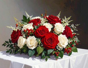 Elegant Floral Arrangement of Red and White Roses on Table.