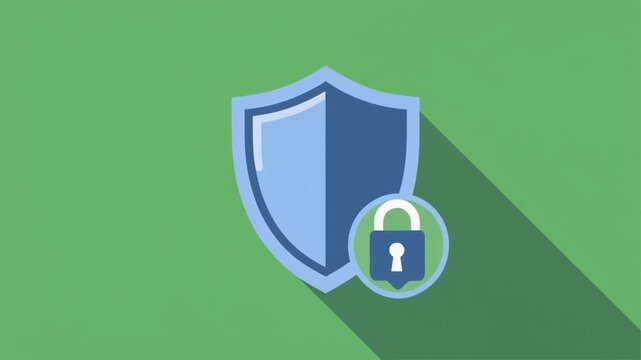 Flat Shield and Padlock Security Icon with Long Shadow on Green Background