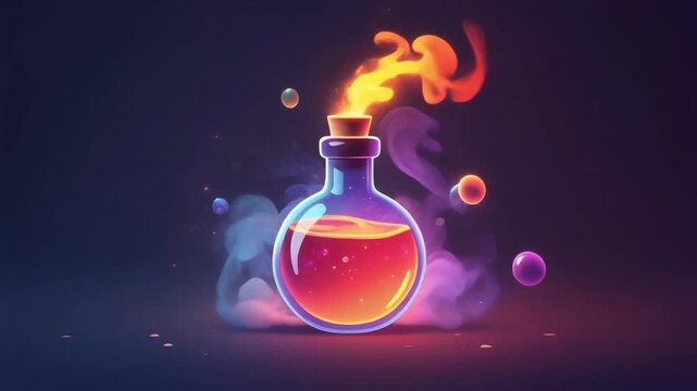Digital illustration glowing magic potion in round bottom flask with colorful vapor