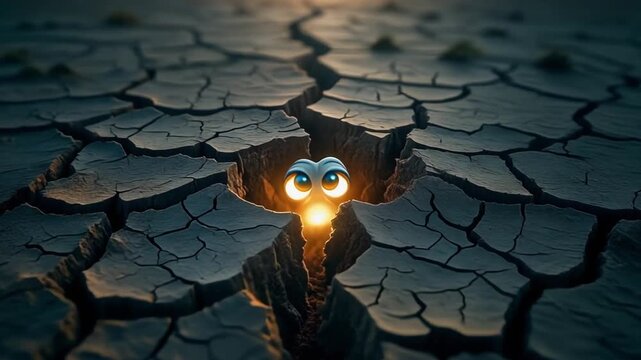 Cracked parched earth with ember flame in fissure at dusk