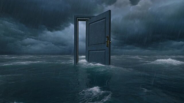 Open door standing in stormy ocean with towering waves surreal doorway portal