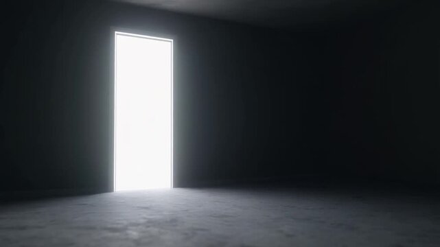 Dark empty concrete room with bright open doorway and light