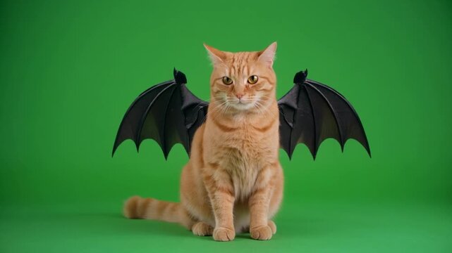 Orange tabby cat in bat wings costume on green screen studio portrait