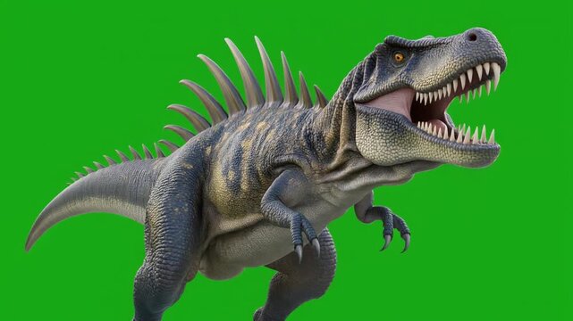Photorealistic 3D roaring tyrannosaurus rex on green screen for compositing