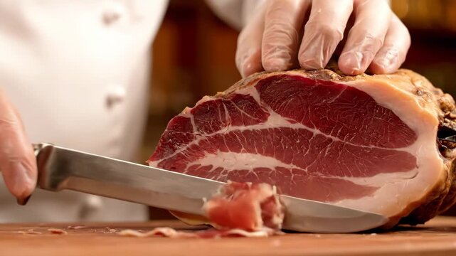 Chef slicing gourmet cured ham with a sharp knife in a professional kitchen