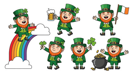 Fototapeta premium Collection of Cute Leprechauns Celebrating St. Patrick's Day with Beer, Rainbow, and Gold