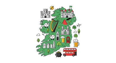 Obraz premium Colorful Ireland Map Illustration with Famous Landmarks and Symbols of Culture