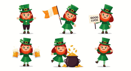 Fototapeta premium Charming St. Patrick's Day Leprechaun Girl Characters with Symbols for Celebration