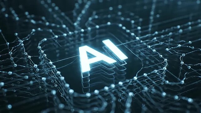 Futuristic AI Logo Glowing in a Dark Tech Lab, Network Nodes Radiating, Viewed from a Dynamic Digital Rendering Perspective