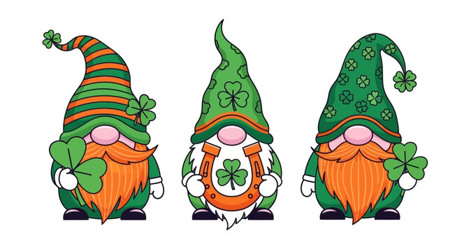 St. Patrick's Day Gnomes with Clovers and Horseshoe, Festive Green and Orange Illustration