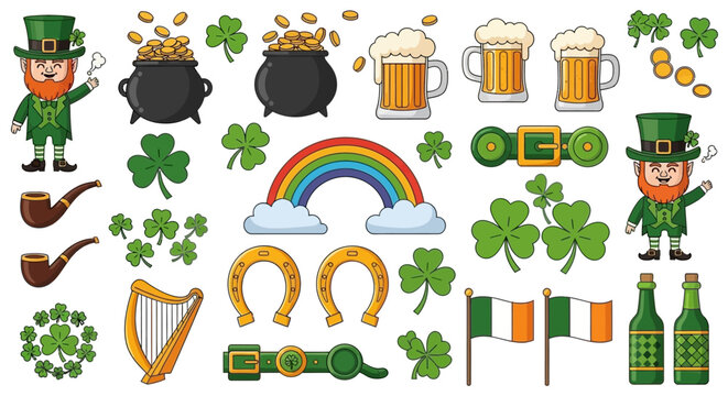 Saint Patrick's Day Celebration Icon Set with Leprechauns, Beer, and Rainbows