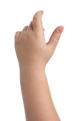 Obraz premium Little girl holding something on white background, closeup