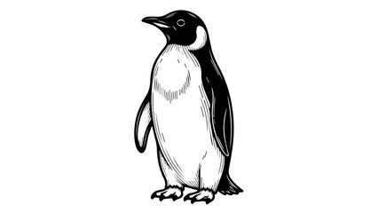 Fototapeta premium Black and white illustration of a penguin standing upright with a cross-hatched texture