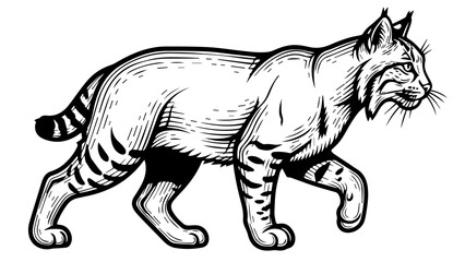 Obraz premium Black and white illustration of a bobcat in mid-stride with detailed linework and shading
