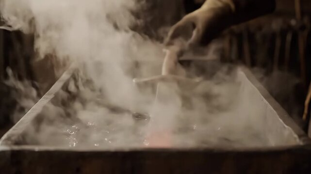 Blacksmith quenching hot metal in water creating steam and bubbles
