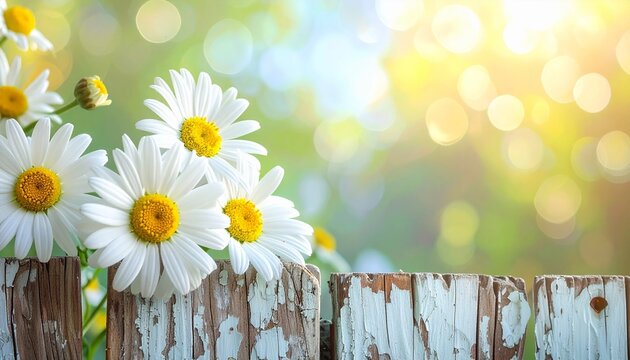 Close-up of white daisies with yellow centers blooming over a weathered wooden fence in a sunny garden with blurred green and yellow background.