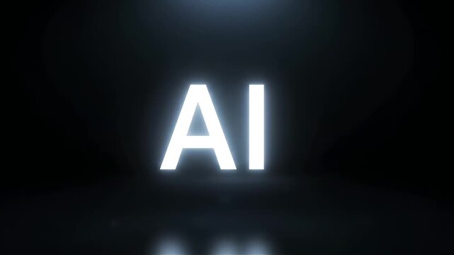 Viewing a futuristic AI generative video abstract scene where bright white AI letters glow over a dark background, captured from a centered perspective in a modern digital typography environment