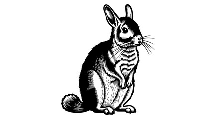 Obraz premium Black and white illustration of a seated rabbit with detailed fur texture and shading