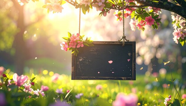 A blank chalkboard swing hanging from a blossoming tree in a sunlit spring garden with falling petals.
