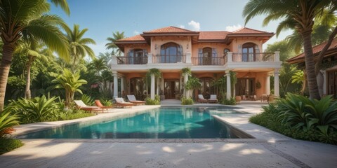 Fototapeta premium Panoramic FPV shot of luxurious villa in tropical garden, relaxation, sunlight, paradise