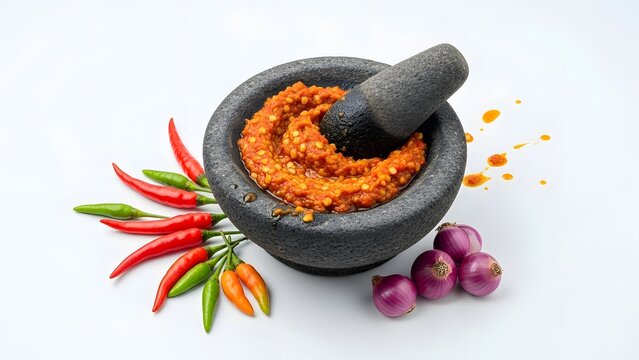 Freshly ground Indonesian red chili paste (sambal) in a stone mortar and pestle, surrounded by red and green bird's eye chilies and shallots on a white background.